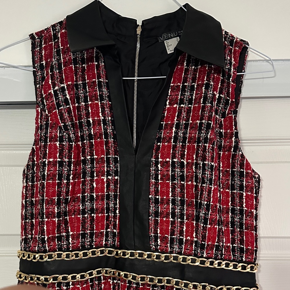 VENUS Red and Black Tweed Dress with Gold Chain Accent
